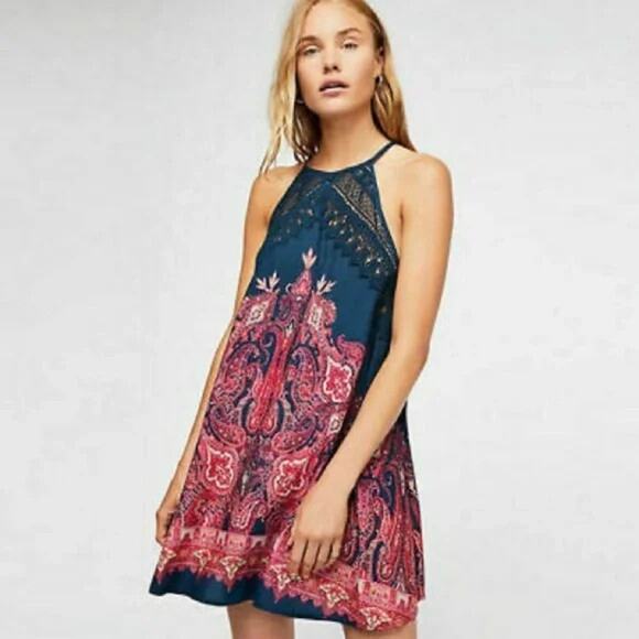 FREE PEOPLE intimately Navy Blue Shea Crochet Printed Slip Mini Dress US small - Picture 1 of 7